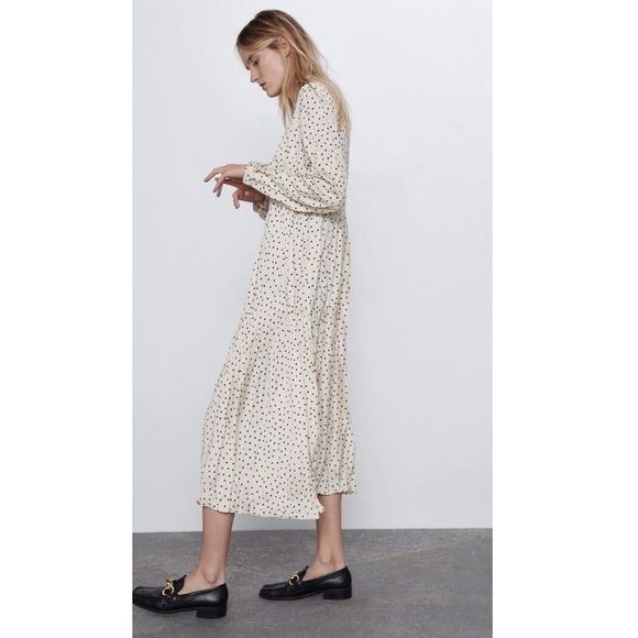 Zara Satin Polka Dot Long Sleeve Midi Dress - Picture 12 of 15